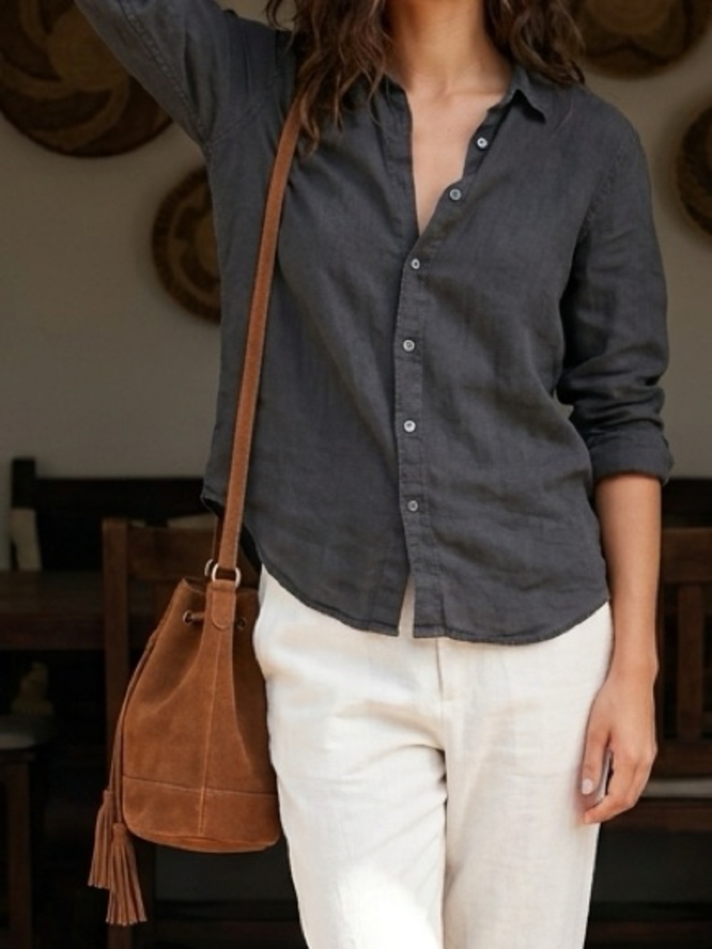 James Perse Black 100% Linen Button Front Blouse Size 0 Minimal Quiet Luxery